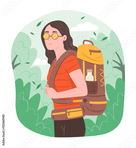 Backpacker Woman Hiking in Forest for Outdoor Recreation Activity Concept Illustration