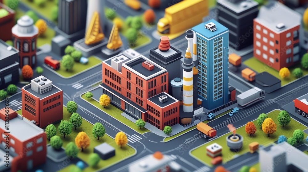 Isometric city model with buildings, roads, and vehicles. Isometric city model with buildings, roads, and vehicles.