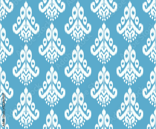 Vector Art Illustration Ikat Abstract ethnic nature pattern in a floral pattern in blue and white tones. For backgrounds, design, textiles, fashion, decoration, carpets, pillowcases, art, creativity