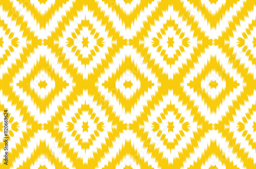 Ikat vector art illustration, geometric pattern in yellow and white tones. For backgrounds, design, textiles, fashion, decorations, carpets, pillowcases.