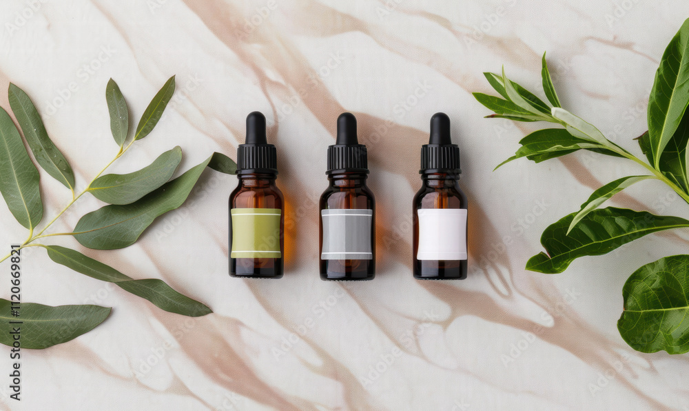 Three bottles of essential oils are displayed on a marble countertop Three bottles of essential oils are displayed on a marble countertop