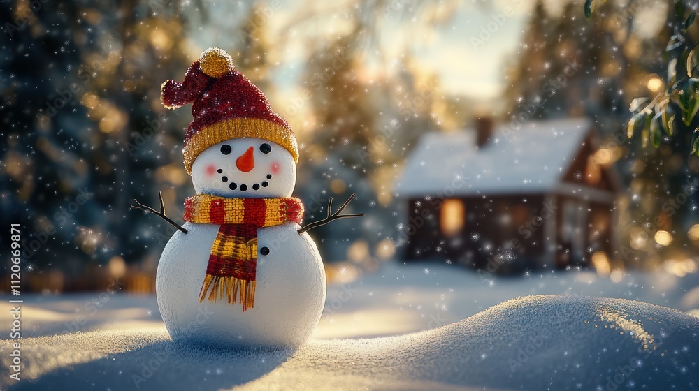 Obraz premium A cute snowman standing in the white snowy landscape