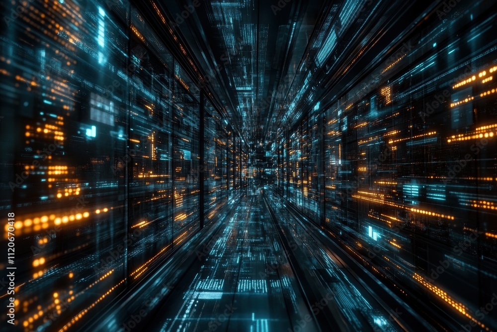 Dynamic digital corridor futuristic data center high-resolution image technology environment perspective view virtual reality concept Dynamic digital corridor futuristic data center high-resolution image technology environment perspective view virtual reality concept