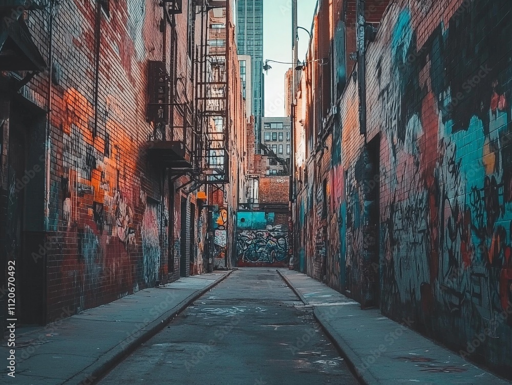 Fototapeta premium Graffiti-covered alleyway in a city art district, colorful and expressive