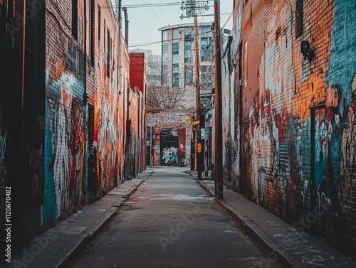 Graffiti-covered alleyway in a city art district, colorful and expressive