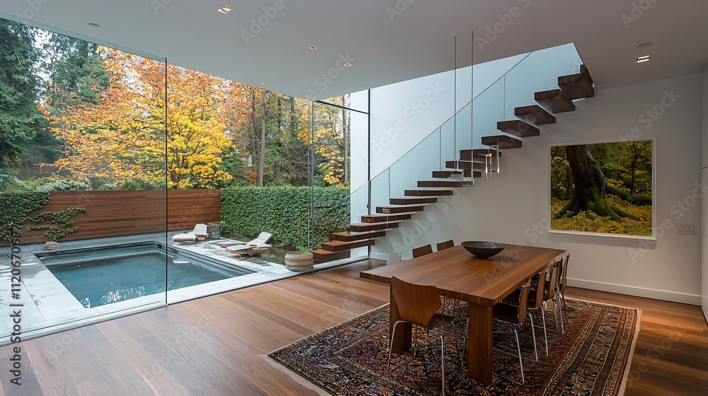 Fototapeta premium Modern dining room with indoor pool & autumn view.