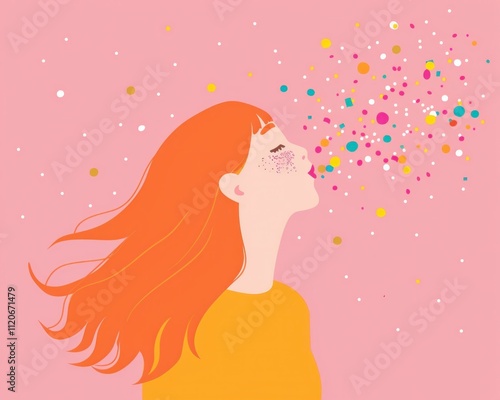 girl, pink background, colorful dots, creativity, happiness, expression, illustration, summer, joy, design, art, emotional, fun, vibrant image of a young woman with flowing hair releasing colorful pa