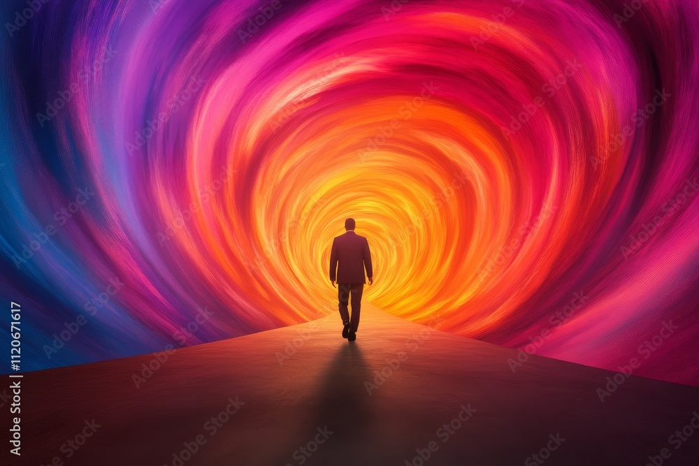 A figure walks towards a vibrant, swirling tunnel of colors, symbolizing enlightenment and exploration of the unknown. A figure walks towards a vibrant, swirling tunnel of colors, symbolizing enlightenment and exploration of the unknown.