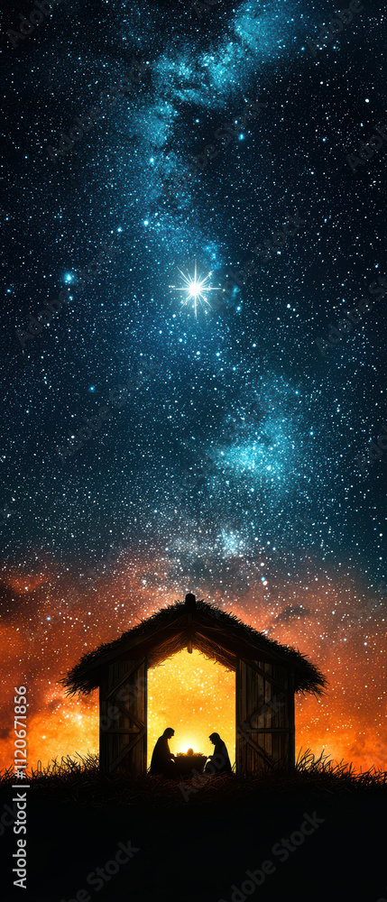 serene nativity scene silhouette in rustic stable under starry sky. warm glow contrasts beautifully with cosmic backdrop serene nativity scene silhouette in rustic stable under starry sky. warm glow contrasts beautifully with cosmic backdrop