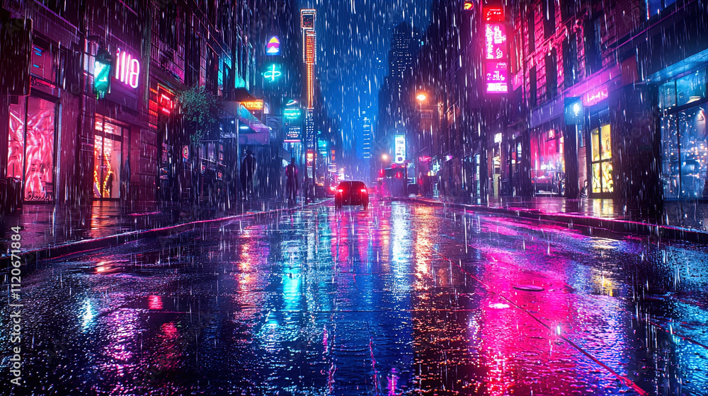 Fototapeta premium A vibrant city street scene illuminated by colorful neon lights, reflecting off wet pavement during a rain shower. The atmosphere conveys a moody, futuristic aesthetic, with tall buildings and shop fr