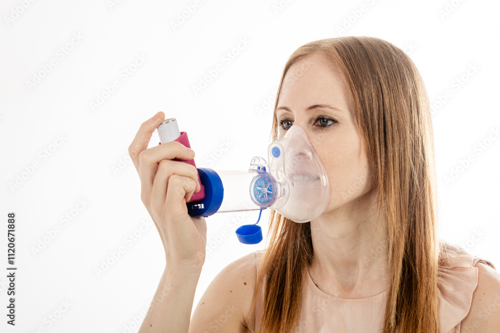 Woman using a respiratory inhaler. Woman using a respiratory inhaler.