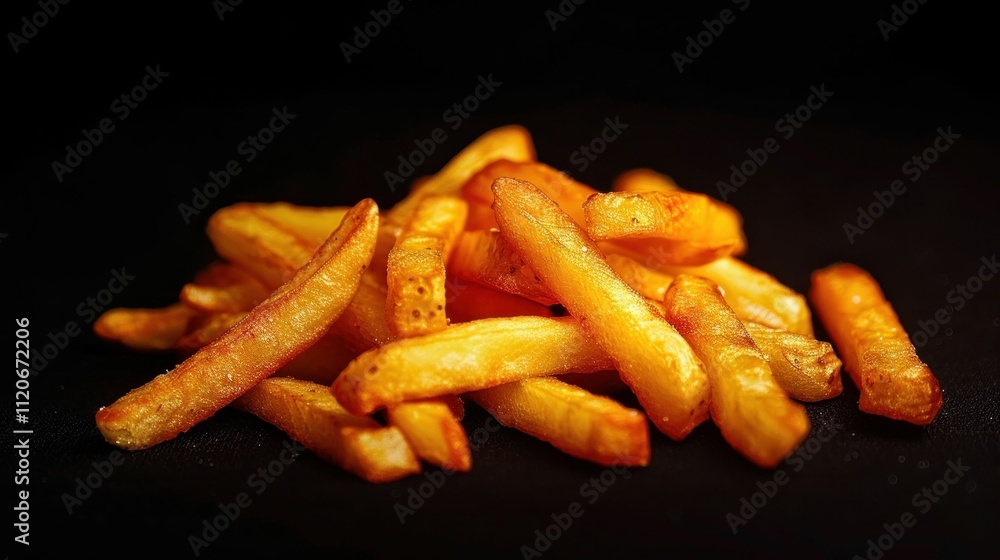 French fries, golden crispy, delicious snack Piled on a black background, highlighting texture and color, perfect for food photography or culinary themes French fries, golden crispy, delicious snack Piled on a black background, highlighting texture and color, perfect for food photography or culinary themes