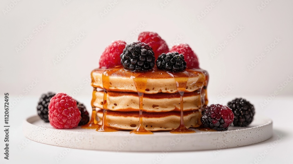 Stack of pancakes topped with syrup, raspberries, and blackberries on a plate. Stack of pancakes topped with syrup, raspberries, and blackberries on a plate.