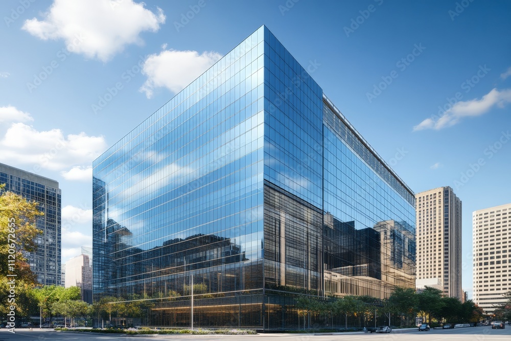 High-rise office building with mirrored glass, reflecting the skyline around it High-rise office building with mirrored glass, reflecting the skyline around it
