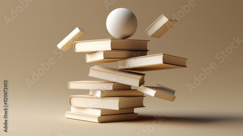 A stack of books with a floating sphere, symbolizing knowledge and creativity. photo