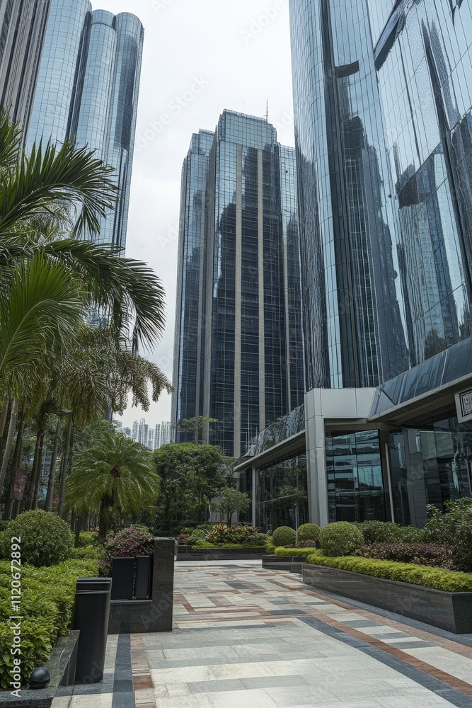 Fototapeta premium High-tech business district with modern skyscrapers and sleek glass designs