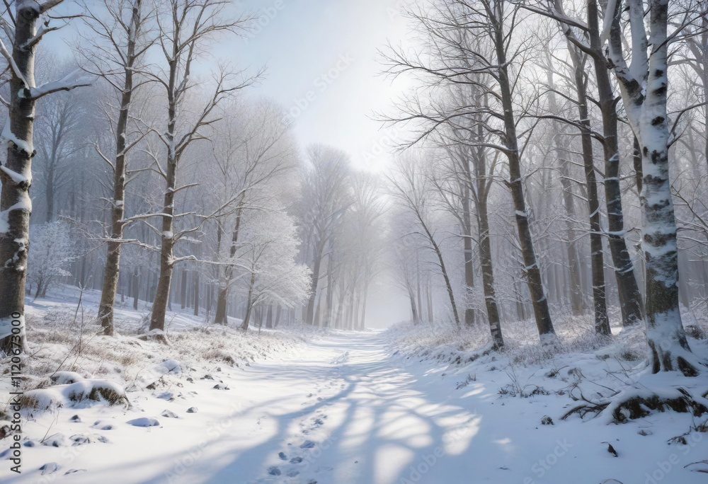 Fototapeta premium Snow-covered forest landscape with bare trees, bare trees, snowy forest floor, wintry woods
