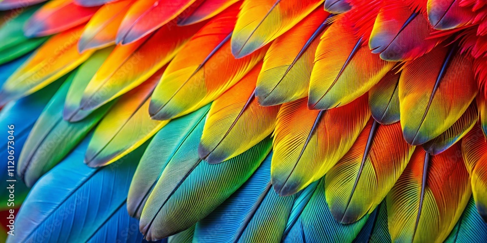 Obraz premium A vivid close-up captures the intricate patterns and vibrant textures of parrot feathers, showcasing the stunning colors found in nature photography.
