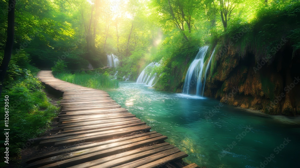 A mesmerizing view of Plitvice Lakes with a wooden pathway, cascading waterfalls, and lush greenery, creating a tranquil and enchanting natural setting bathed in gentle sunlight. A mesmerizing view of Plitvice Lakes with a wooden pathway, cascading waterfalls, and lush greenery, creating a tranquil and enchanting natural setting bathed in gentle sunlight.