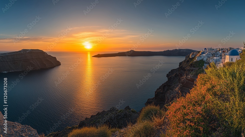 A breathtaking sunset over Santorini, Greece, featuring the iconic white buildings with blue domes, a serene Aegean Sea, and vibrant golden hues reflecting on the water. A breathtaking sunset over Santorini, Greece, featuring the iconic white buildings with blue domes, a serene Aegean Sea, and vibrant golden hues reflecting on the water.