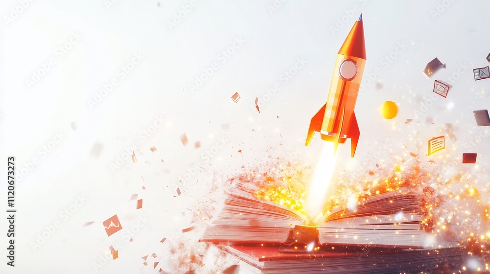 A miniature rocket launching from an open book, symbolizing knowledge and innovation, with a burst of sparks and flying pieces of paper. A miniature rocket launching from an open book, symbolizing knowledge and innovation, with a burst of sparks and flying pieces of paper.
