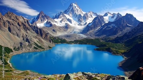 A stunning view of Patagonia featuring a crystal-clear blue lake surrounded by rugged