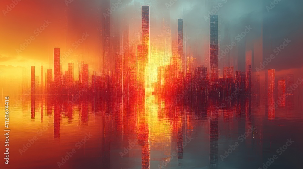 A vibrant, abstract cityscape glowing in sunset hues. A vibrant, abstract cityscape glowing in sunset hues.