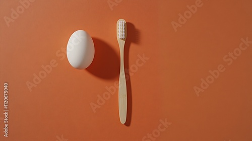 A whole white egg and a wooden toothbrush on an orange background. photo