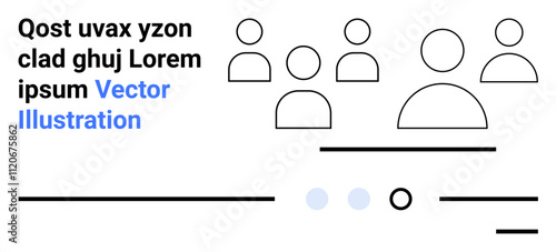 Minimalist line art featuring 5 people icons, text elements, and various abstract shapes. Ideal for websites, digital interfaces, presentations, user interaction, communication, modern design