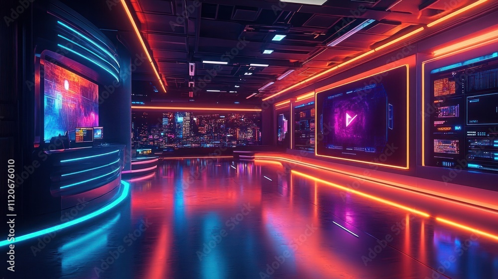 Futuristic Game Show Studio with Neon Lighting and Advanced Technology for Live Broadcasting Futuristic Game Show Studio with Neon Lighting and Advanced Technology for Live Broadcasting