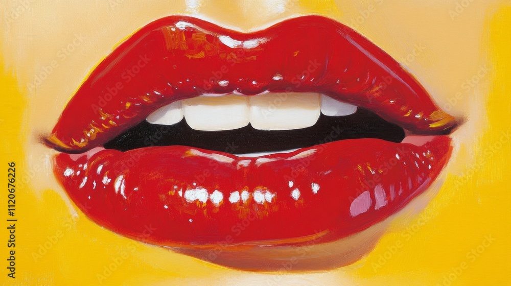 Obraz premium Close-up of vibrant, glossy red lips against a bright yellow background, emphasizing bold color and texture. Modern and striking. 