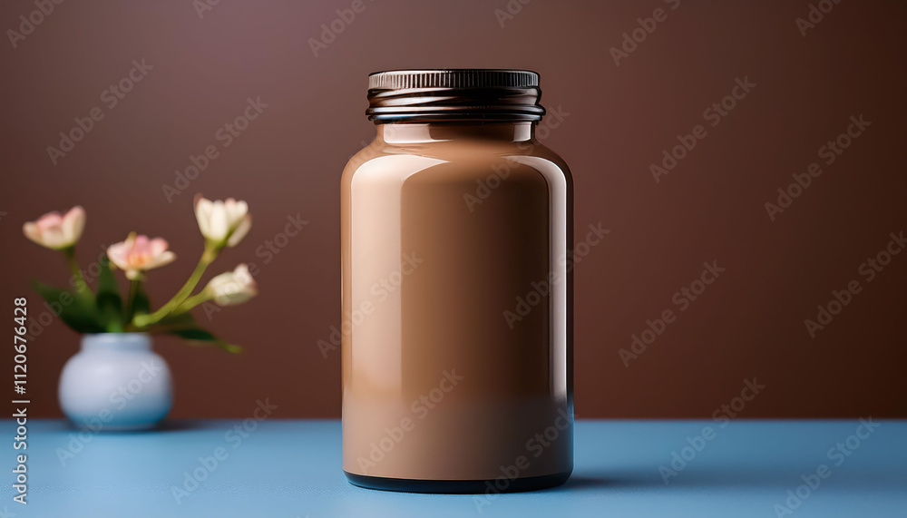 Brown glass jar on blue surface with flowers in background, mocha mousse color Brown glass jar on blue surface with flowers in background, mocha mousse color