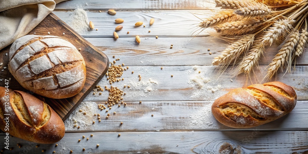 Bokeh Effect on Bread and Flour Composition Over White Wooden Background – Perfect for Culinary Blogs and Recipe Sharing Bokeh Effect on Bread and Flour Composition Over White Wooden Background – Perfect for Culinary Blogs and Recipe Sharing