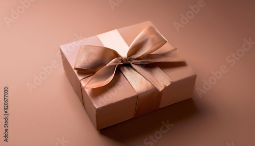 Elegant brown gift box with satin ribbon on monochromatic background, mocha mousse color