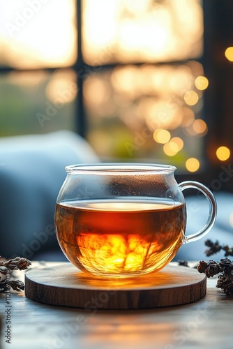 Close-up of aromatic black tea intransparent glass cup on wooden coaster with cozy blurred living room background photo