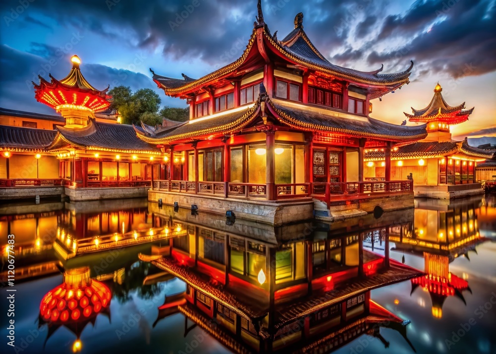 Breathtaking night photography of a traditional Chinese temple showcases illuminated roofs and lanterns, creating a serene reflection in the water—an enchanting glimpse into cultural heritage. Breathtaking night photography of a traditional Chinese temple showcases illuminated roofs and lanterns, creating a serene reflection in the water—an enchanting glimpse into cultural heritage.