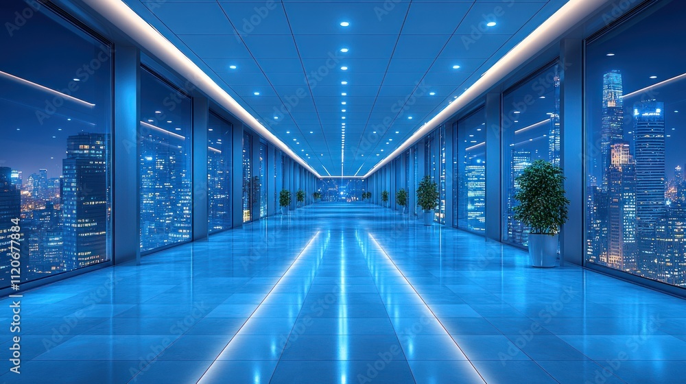 Obraz premium Sleek modern hallway with city skyline view at night.