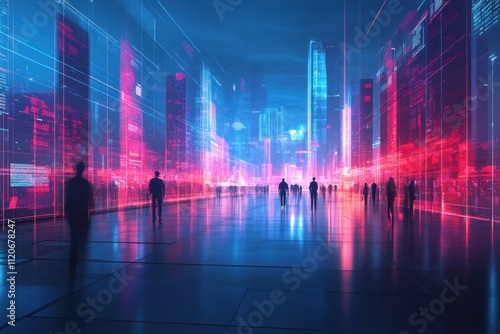 Futuristic cityscape night scene urban digital environment neon lights high-tech atmosphere aerial perspective virtual reality concept