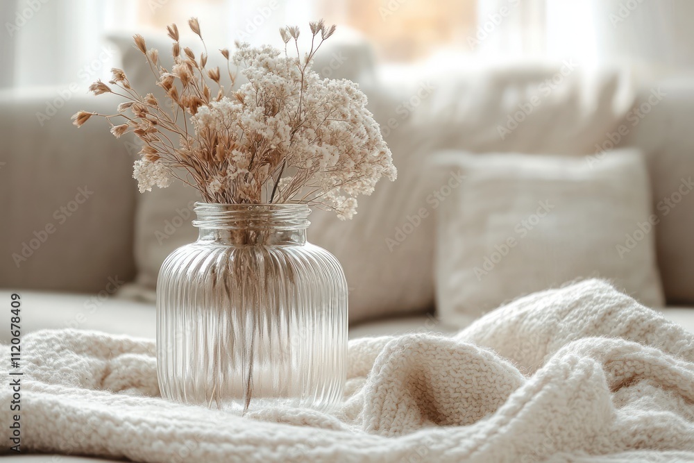 Still Life Composition with Dried Flowers in Glass Vase and Cozy Blurred Background for Interior Decor Still Life Composition with Dried Flowers in Glass Vase and Cozy Blurred Background for Interior Decor