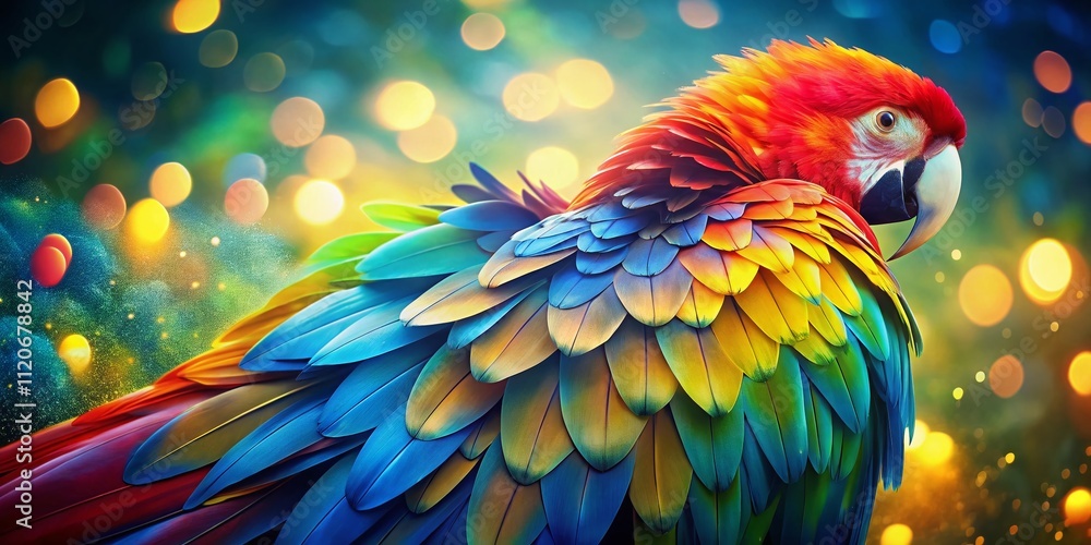 Fototapeta premium Bright parrot feather gradients blend with a bokeh effect, creating a dazzling display of rich colors in nature's palette for breathtaking visual experiences.
