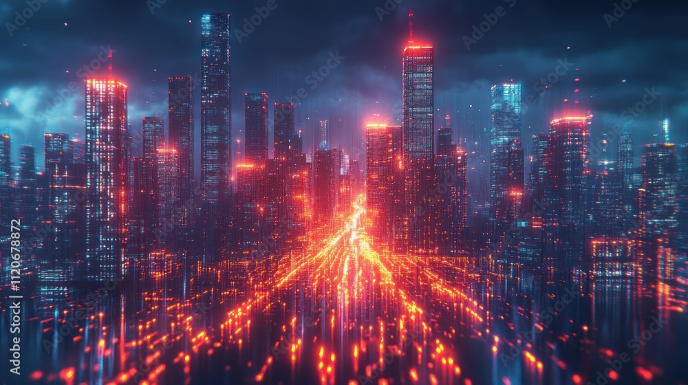 Futuristic cityscape with glowing lights and digital elements. Futuristic cityscape with glowing lights and digital elements.