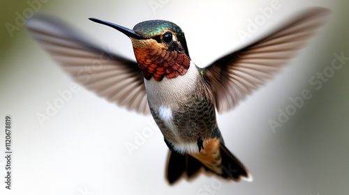 Rufous hummingbird in flight, displaying vibrant colors and delicate wings. photo