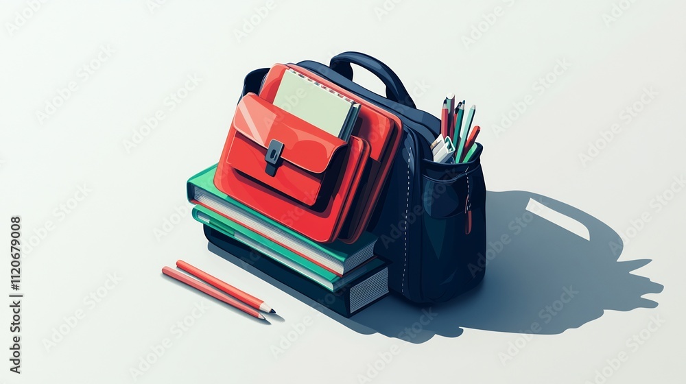 School bag with books, stationery, and satchel. School bag with books, stationery, and satchel.