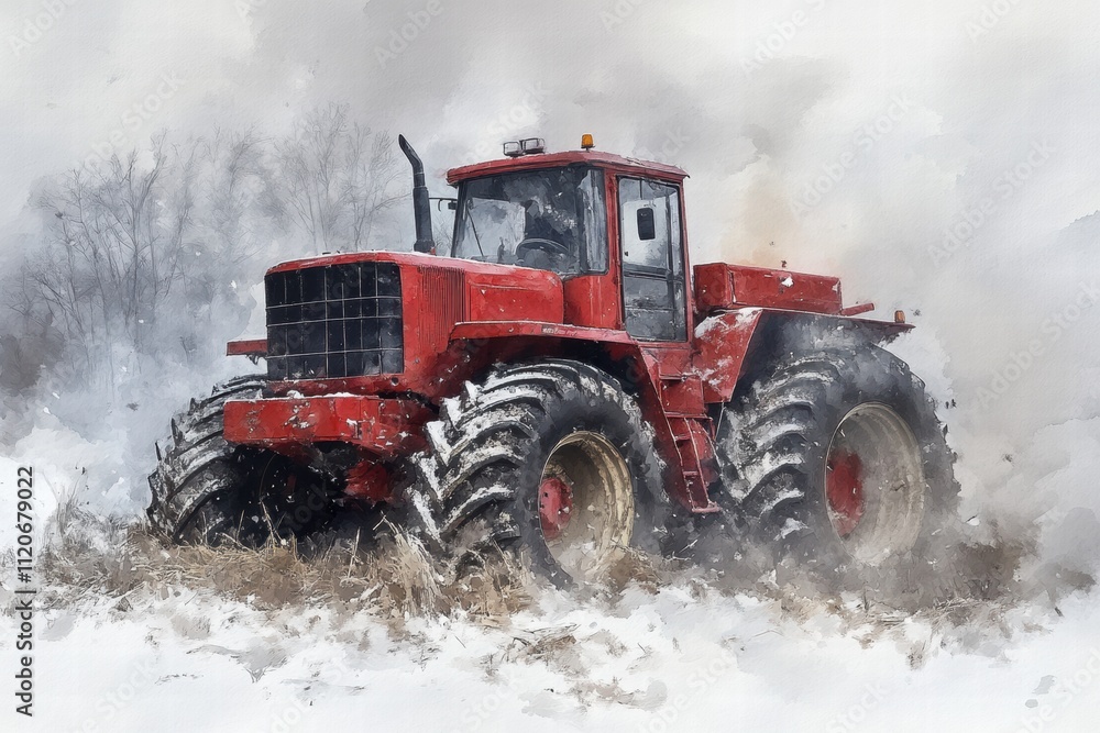 Obraz premium Tractor plowing snowy field in winter agricultural machinery art rural landscape atmospheric view