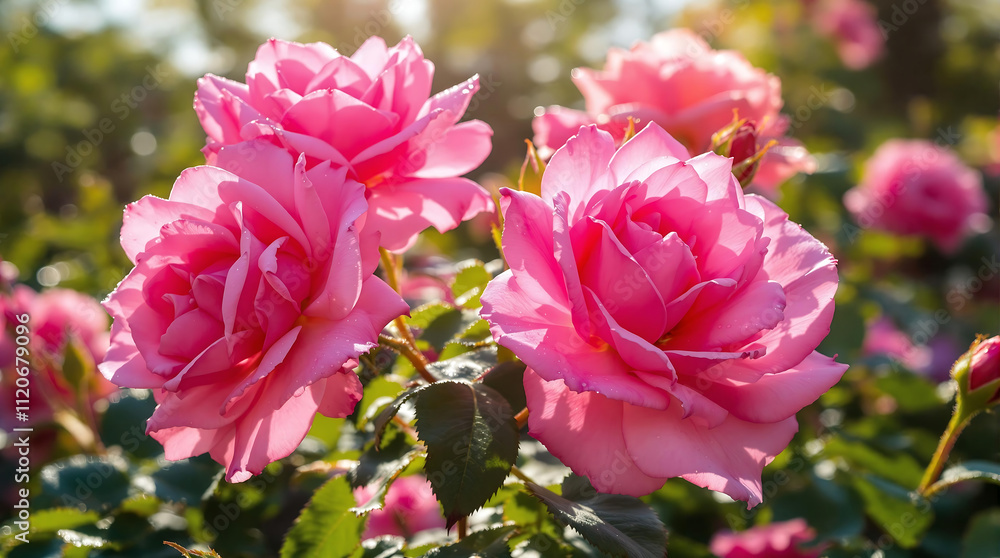 Blooming pink roses bathed in warm sunlight, ideal for romantic themes, beauty product promotions, or nature-inspired designs. Blooming pink roses bathed in warm sunlight, ideal for romantic themes, beauty product promotions, or nature-inspired designs.