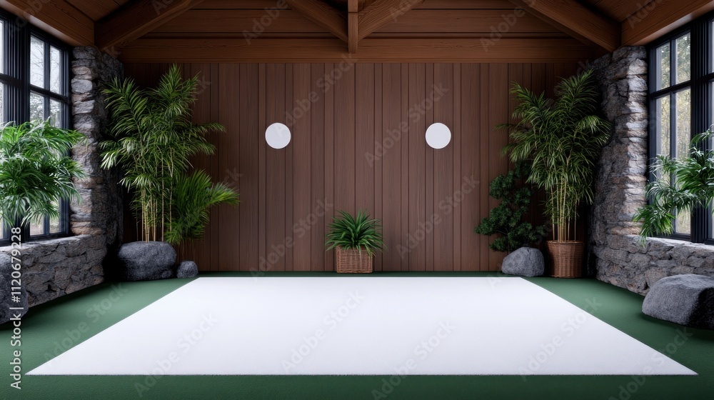 Minimalist interior with plants and natural elements for relaxation. Minimalist interior with plants and natural elements for relaxation.