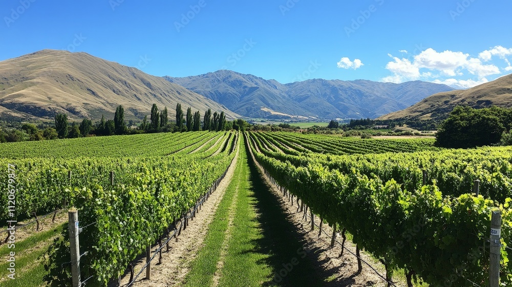 Naklejka premium Rows of vineyards on a sunny hillside, ready for grape harvest