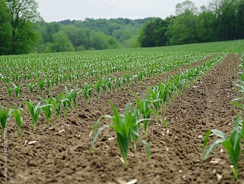 Rows of sprouting corn plants in a large, well-kept field