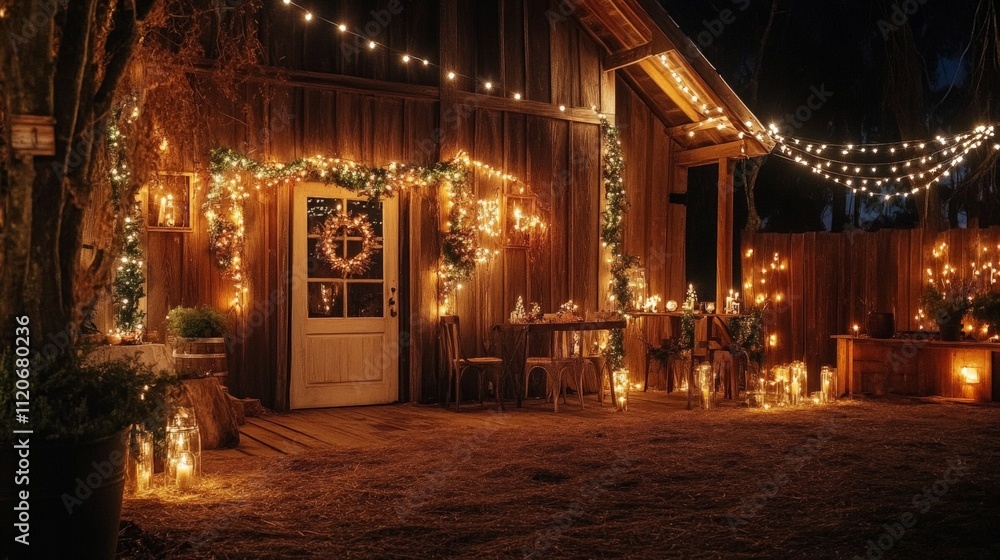Rustic New Year Eve party with farmhouse and warm, festive lighting Rustic New Year Eve party with farmhouse and warm, festive lighting