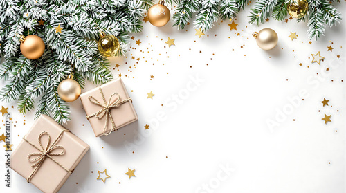 Christmas flat lay with fir branches, gold ornaments, and gifts on a white background, ideal for holiday cards, website banners, or winter promotions.